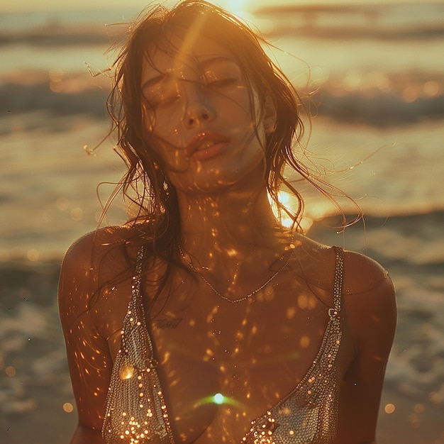 Photo woman in gold on a beach bran style