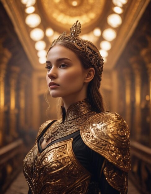 a woman in a gold and black dress with a gold crown and a black and gold headdress