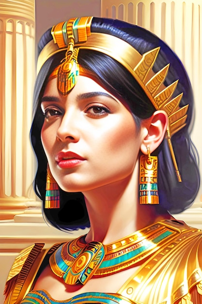 A woman in a gold crown and gold jewelry with the word queen on it