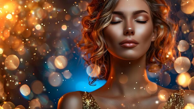 Woman in gold dress on glitter background with closed eyes curly blond hair Concept Fashion Photography Glamour Shot Elegant Poses Sparkling Backgrounds Golden Dress