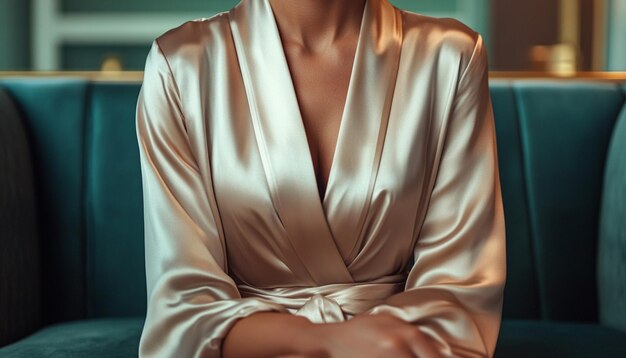 Photo a woman in a gold dress is sitting in front of a window