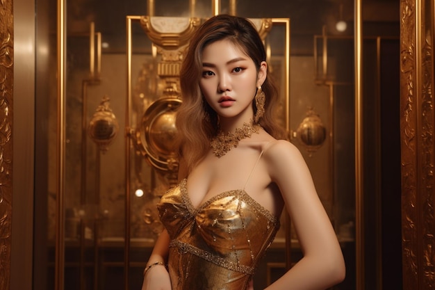 Woman in a gold dress stands in front of a gold wall