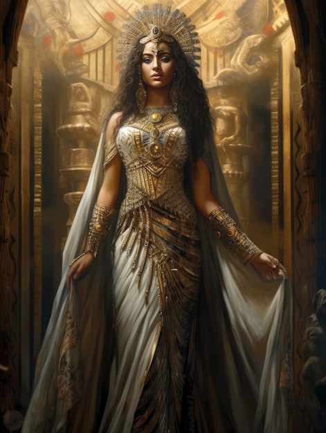 A woman in a gold dress stands in front of a golden door