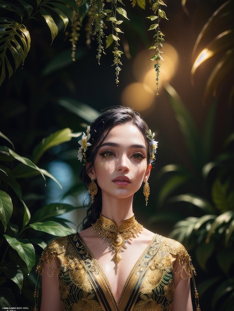 A woman in a gold dress stands in front of plants and leaves.