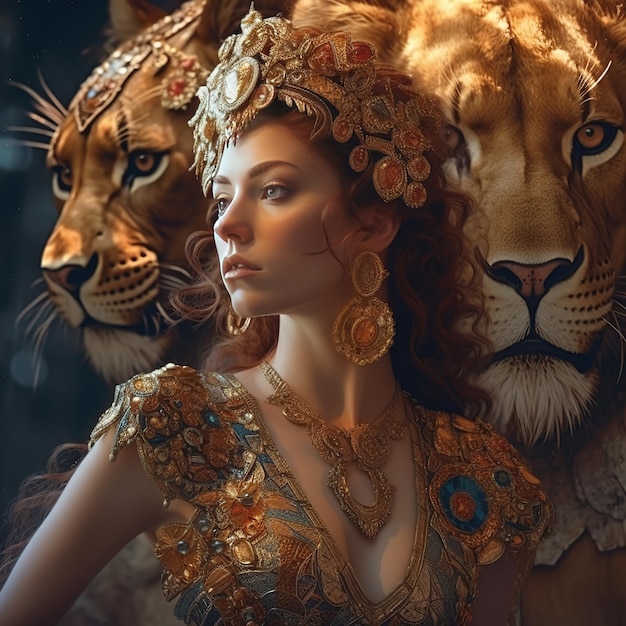 A woman in a gold dress stands in front of two lions.