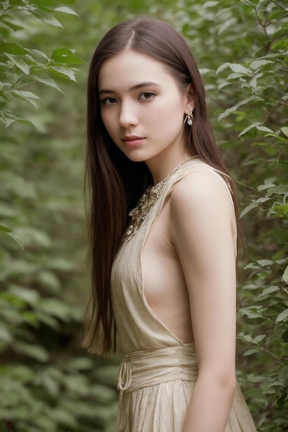 A woman in a gold dress stands in the woods.