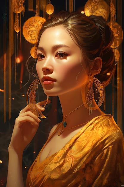 A woman in a gold dress with large earrings and a gold necklace.