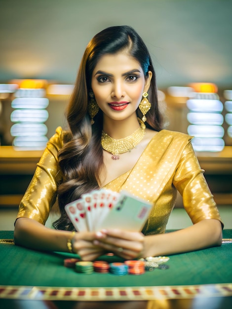 a woman in a gold dress with poker chips