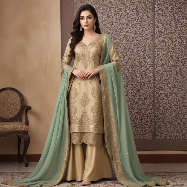 a woman in a gold and green sari stands in front of a wall with a floral wallpaper background