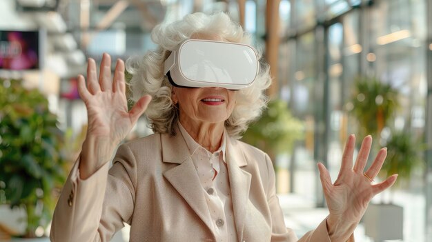 A woman in a gold jacket is wearing a virtual reality headset