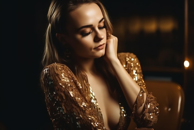 A woman in a gold sequined dress is looking at the camera.