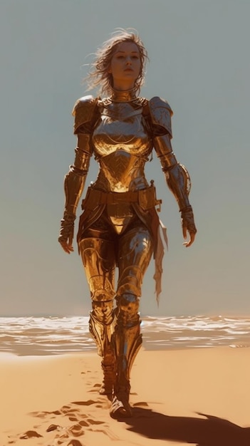 A woman in a gold suit walks on the beach.