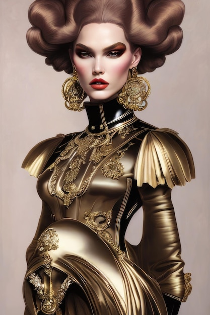 A woman in gold with a gold top and large earrings.