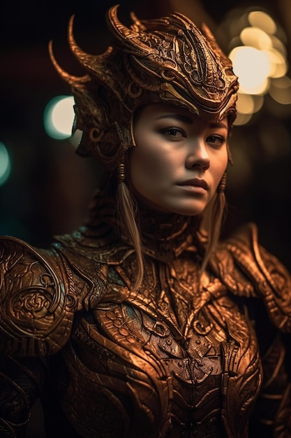 A woman in a golden armor stands in a dark room with lights behind her.