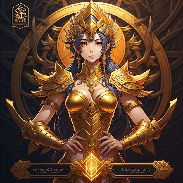 A woman in a golden armor with the word aqua garnier on the front.