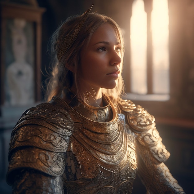 A woman in a golden armour stands in front of a window.