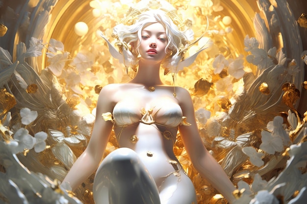 A woman in a golden cage surrounded by gold halides in the style of zbrush light gold and white Generative AI