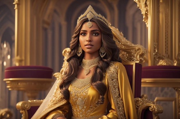 A woman in a golden dress is sitting on a throne.