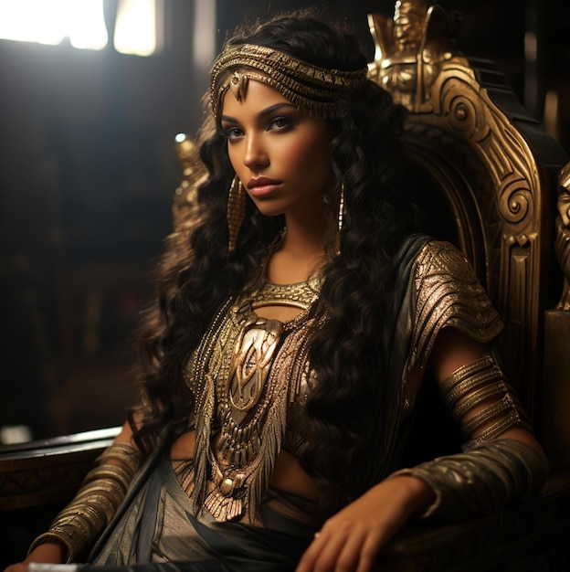 a woman in a golden dress sits in a chair with a gold crown.