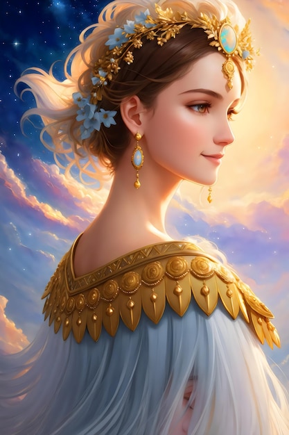 A woman in a golden dress with a gold crown.