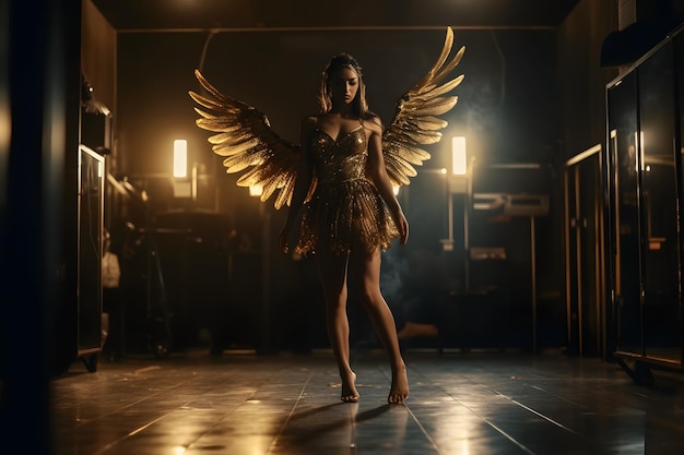 A woman in a golden dress with wings on a dark stage.