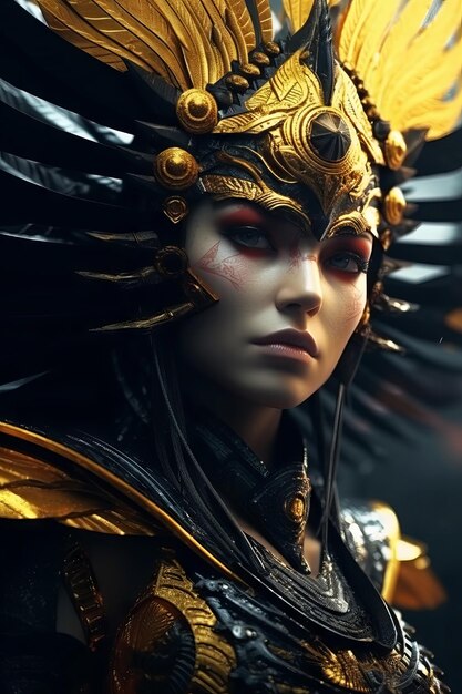 A woman in a golden mask with the word dragon on it.