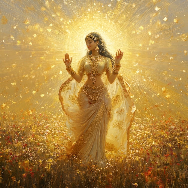 Photo a woman in a golden saree stands in a field of flowers with golden light radiating around her