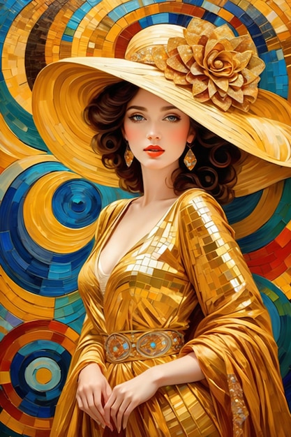 A woman in a golden yellow dress and hat with a large flower