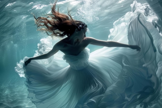 A woman gracefully floats in water wearing a white dress A graceful underwater ballet of movement