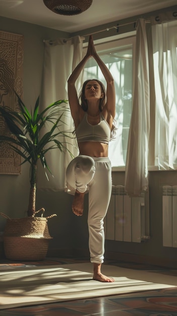 A woman gracefully performs a yoga pose in a bright living room