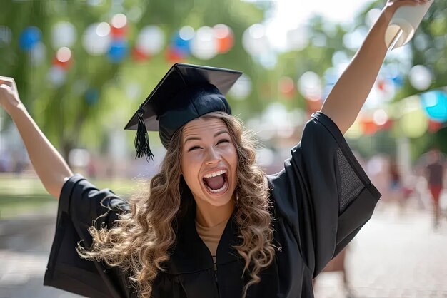 A woman in a graduation cap and gown is holding her arms in the air