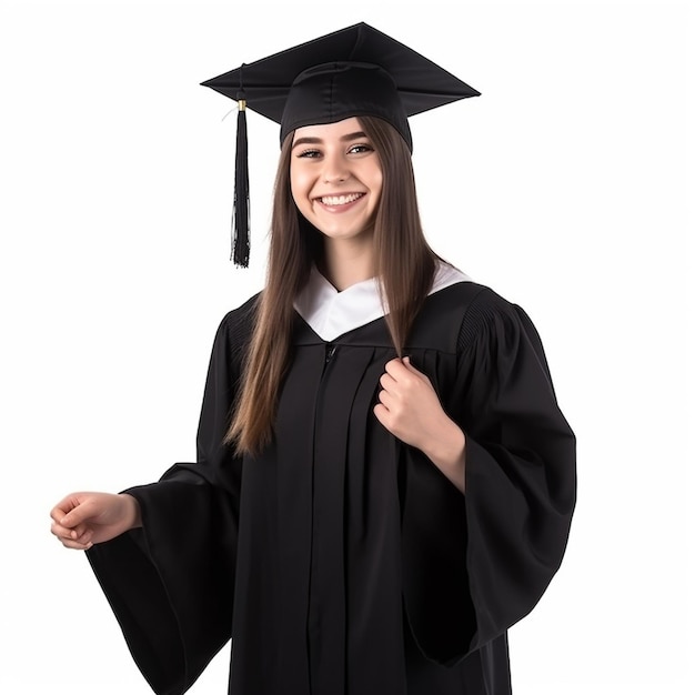 A woman in a graduation gown with a cap on her head and a white cap.