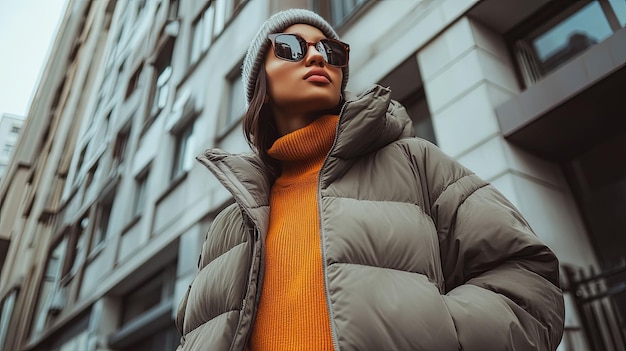 Photo woman in a gray puffer jacket and sunglasses looking up