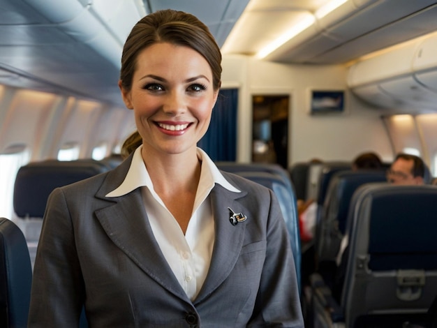 a woman in a gray suit smiles on an airplane