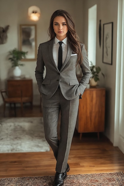 Photo a woman in a gray suit standing in a room