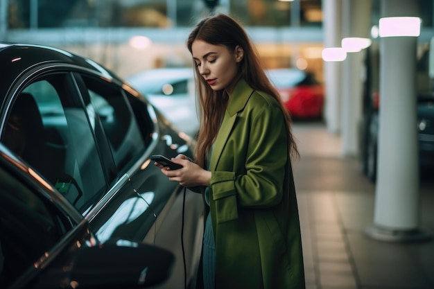 A woman in a green coat stands next to a car with a phone next to her.