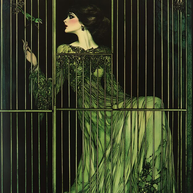 Photo woman in green dress behind bars surreal art