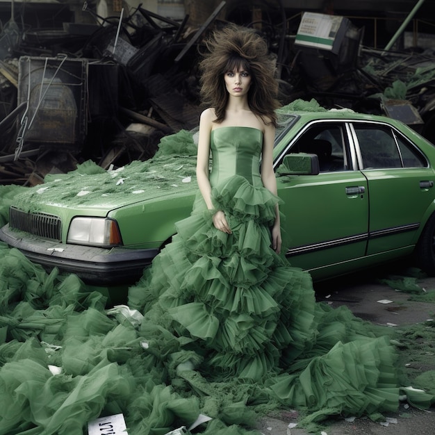 A woman in a green dress next to a green car