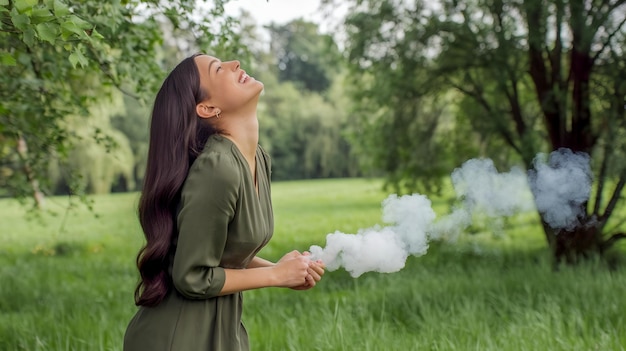 Photo a woman in a green dress is blowing smoke