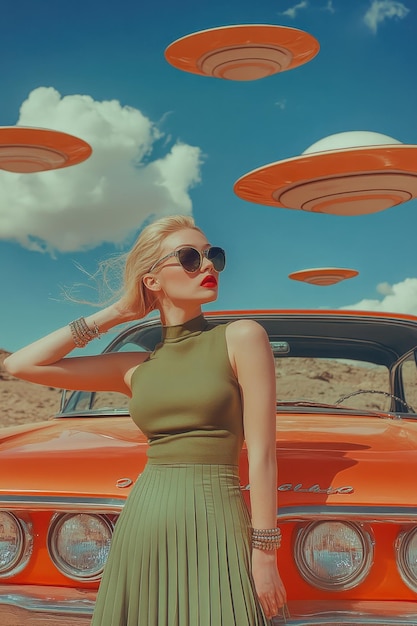 a woman in a green dress is posing in front of an orange car with the word  los angeles  on it