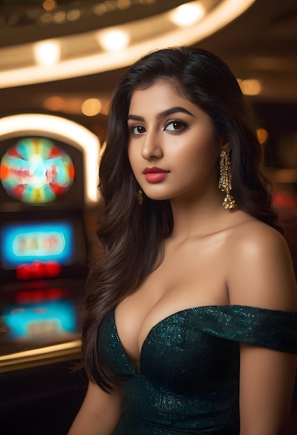 a woman in a green dress is posing in front of a slot machine