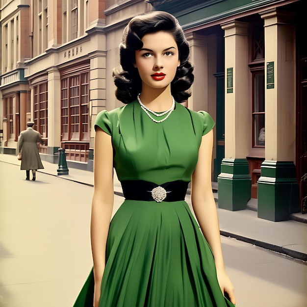 Photo a woman in a green dress is standing in front of a building