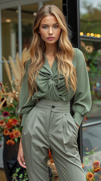 a woman in a green dress is standing outside with a black bag on her shoulder