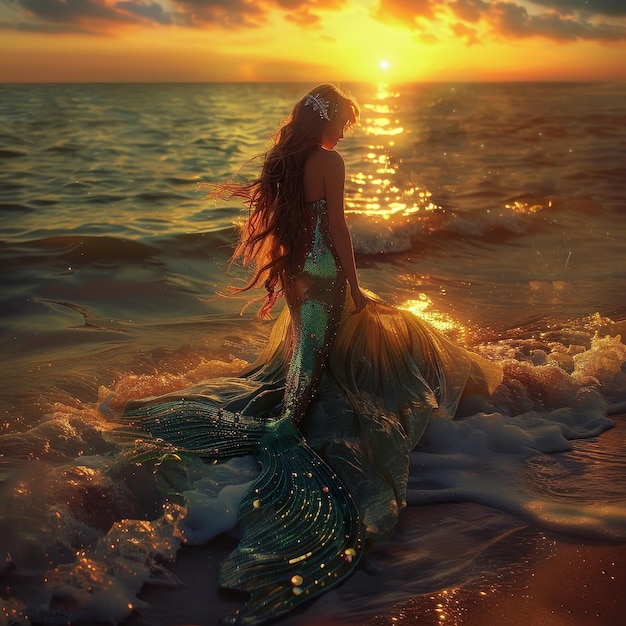 a woman in a green dress is standing in the water with the sun behind her