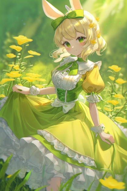 Woman in a green dress standing in a field of yellow flowers generative ai