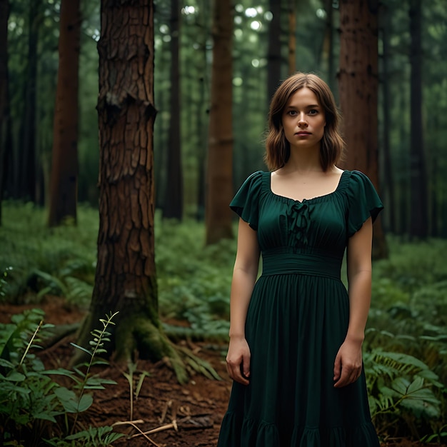 A woman in a green dress stands in a forest with trees in the background