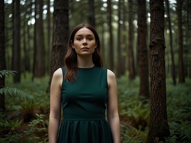 Photo a woman in a green dress stands in a forest with trees in the background