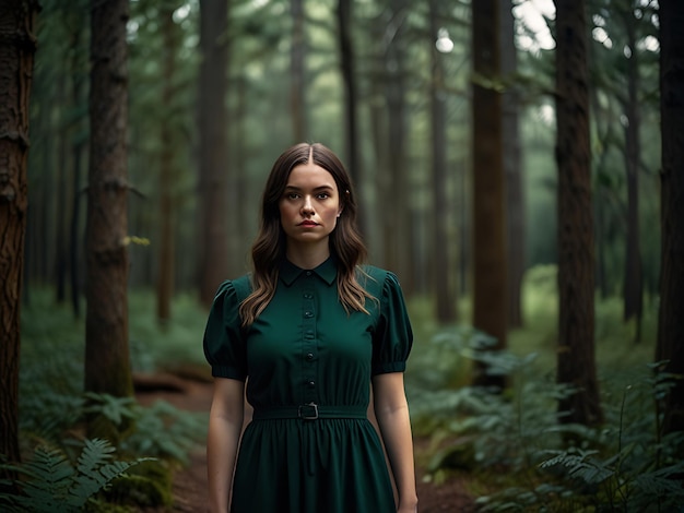 A woman in a green dress stands in a forest with trees in the background