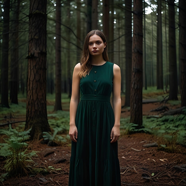 A woman in a green dress stands in a forest with trees in the background