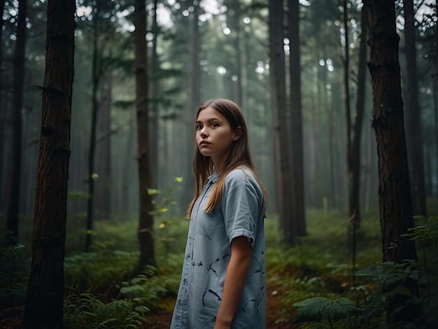 Photo a woman in a green dress stands in a forest with trees in the background